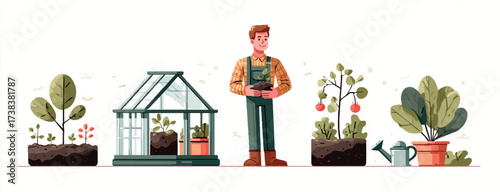 Happy Gardener with Greenhouse and Plants Growing in Garden and Holding Seedling Pot