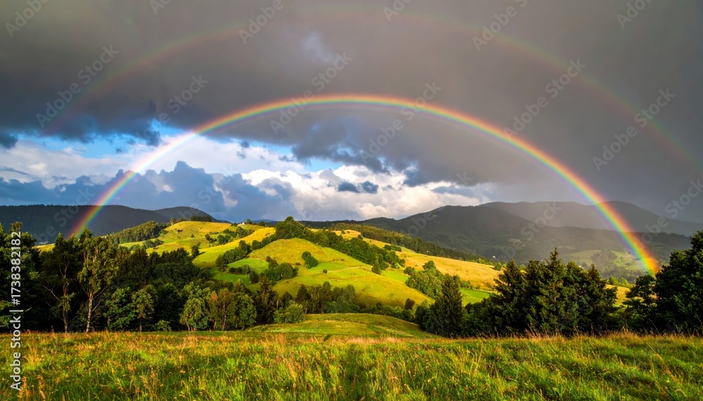 Fototapeta premium countryside hilly landscape with dark clouds and a vibrant rainbow