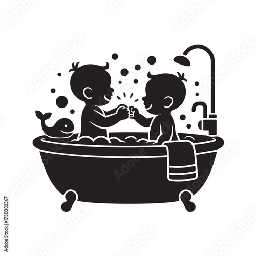 Vector art of two babies in a bathtub giving a fist bump, surrounded by bubbles and a rubber duck, representing childhood joy and connection