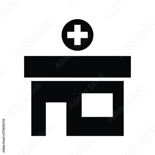 Simple black icon of a hospital building with a cross symbol above - Vector illustration logo template