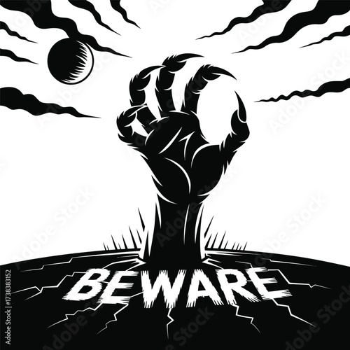 Eerie Zombie Hand Rising From the Ground Under a Full Moon with a "Beware" Message in a Spooky Black and White Design