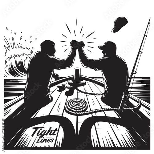 Vector art of two fishermen giving a high five on a boat deck, celebrating a successful catch with waves and a fishing rod in the background