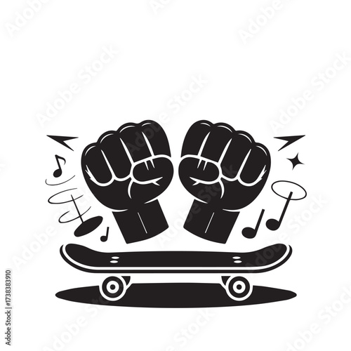 Vector art of two fists bumping over a skateboard with musical notes and sparkles