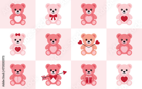 Collection of adorable pink teddy bears with hearts and roses for valentine s day