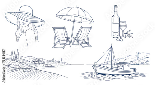 A collection of line art illustrations depicting a relaxing summer vacation by the sea with various travel and leisure elements.