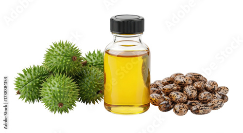 Fotografie Isolated castor oil bottle with beans and prickly seed pods, herbal remedy ingre