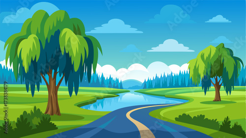 A tranquil country road passing by s of weeping willows and a serene pond reflecting the blue sky above.