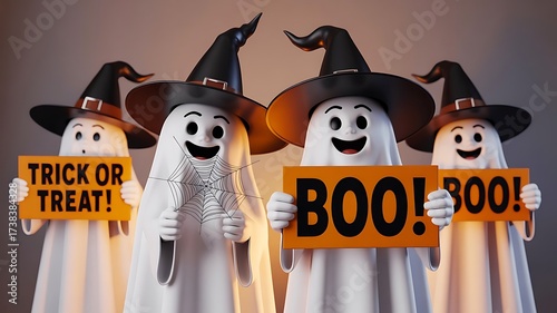 Cute Halloween Ghost Clipart with Witch Hats and Signs – Spooky Cartoon Decor