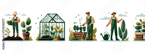 Illustrative depiction of various gardening activities including planting watering and greenhouse tending for growth and sustainability