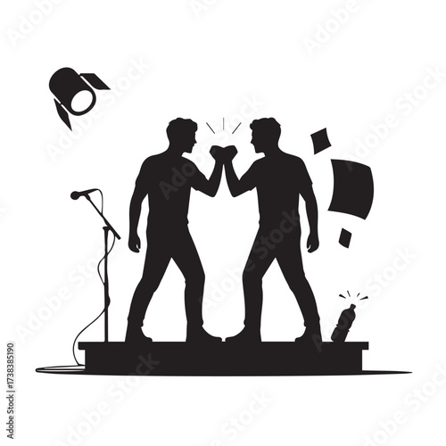 Vector art of two men in silhouette fist bumping on a stage with a spotlight and microphone, celebrating success