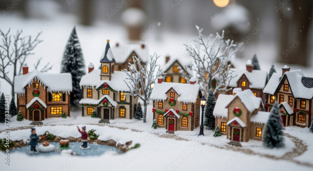 Naklejka premium Charming Winter Village Scene with Cozy Homes