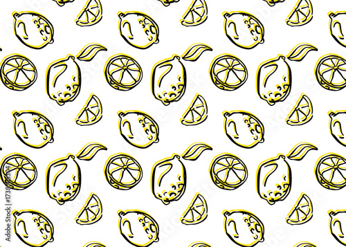 Seamless bright lemon pattern. Fresh whole fruits and slices in doodle style. Cheerful background for fabric, t-shirts, labels, kids room wallpaper, wrapping, and summer fruit design.