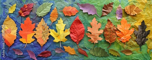 autumn leaves on wet colored paper.