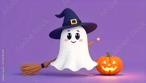 Cute Halloween Ghost with Witch Hat and Smiling Jack-o'-Lantern on Purple Background