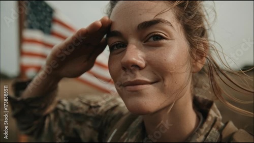 Dynamic Close-up: Proud Female Soldier Saluting with American Flag Waving in Wind, Expressing Patriotism and Strength