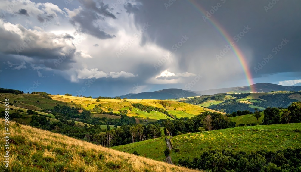 Obraz premium countryside hilly landscape with dark clouds and a vibrant rainbow