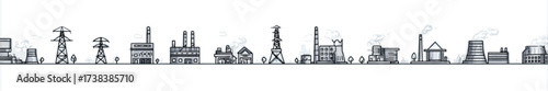 Industrial Landscape Panorama of Power Plants and Factories with Minimalist Design Style on White Backdrop