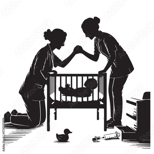 Vector art of two nurses in silhouette tending to a baby in a crib, showing care and compassion in a healthcare setting