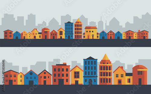 Colorful flat design cityscape with diverse buildings and silhouettes