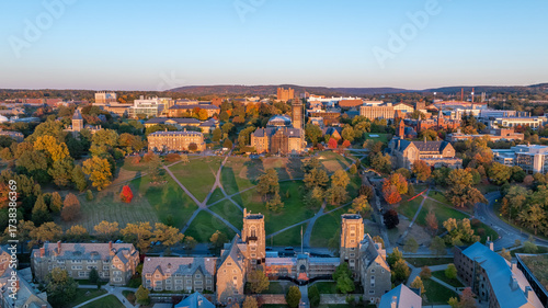 Ithaca, New York, USA - October 17, 2025: Late afternoon aerial autumn image of the area surrounding the City of Ithaca, NY.