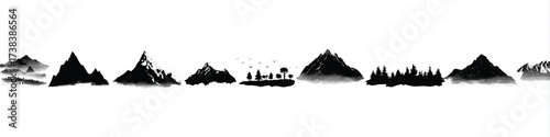 Ink Wash Painting of Mountain Range Landscape in Black and White Minimalist Design