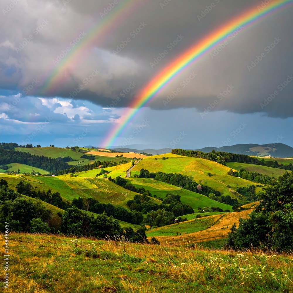 Fototapeta premium countryside hilly landscape with dark clouds and a vibrant rainbow