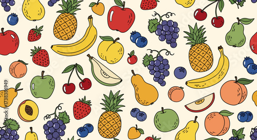 A vibrant and colorful illustration of a diverse assortment of fresh fruits, artfully arranged in a seamless pattern.