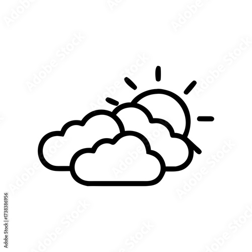 Illustration of sun partially obscured by clouds with radiating lines in a simple line drawing style on transparent background silhouette
