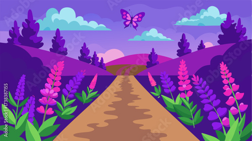 A secluded path lined with vibrant purple lupines and the occasional butterfly fluttering by.