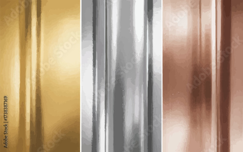 Three vertical metallic textures gold silver and copper close up abstract