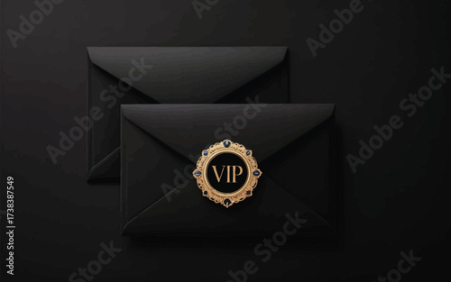 Elegant black vip invitation envelope with ornate gold seal