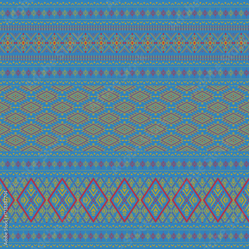 Seamless geometric tribal border pattern on a bright blue background. Ethnic textile print with traditional diamond, stripe, and zigzag motifs, perfect for fashion and tapestry.