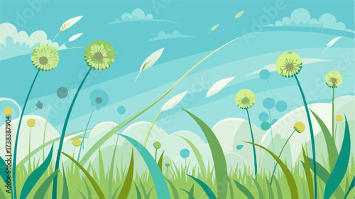 A sea of tall grass swaying in the gentle spring breeze with a few lone dandelions adding a touch of whimsy.