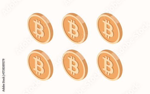 Six golden bitcoin cryptocurrency coins in isometric view