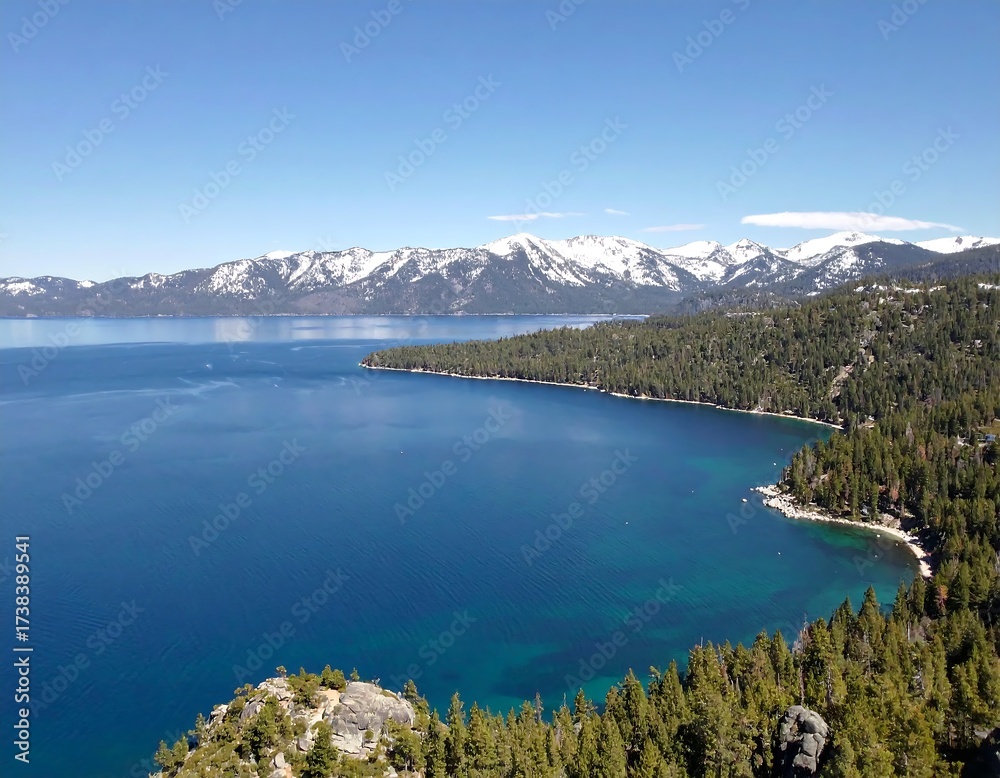 Fototapeta premium Panoramic lake vista with snow-capped mountains