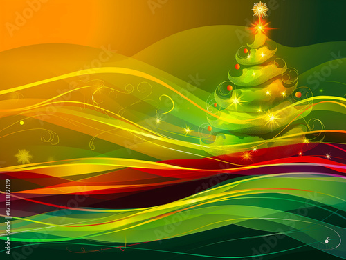 Retro funk Christmas illustration of a stylized Christmas tree with abstract shapes, gradient background in mustard yellow, avocado green and burnt orange, 1970s vibe, digital art