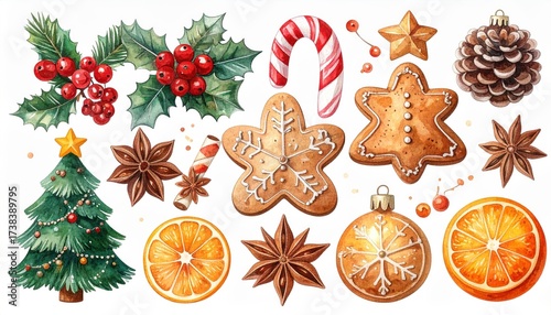 watercolor illustration of Christmas and New Year decorations drawings ball pinecone gingerbread sweets biscuit gingerbread Christmas tree snowflake anise holly candy cane