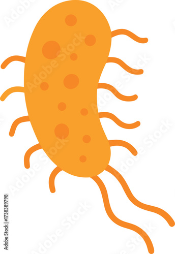 Bright orange cartoon bacterium with round cell spots and multiple waving flagella, illustrated in a clean, flat vector style.
