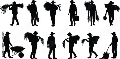 Farmers harvesting and working in the field with hay, baskets, and wheelbarrows, black silhouette vector illustration set