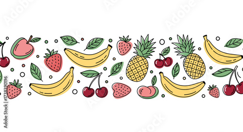 Hand-drawn doodle fruit border with bananas, strawberries, pineapples, and cherries on a white background.