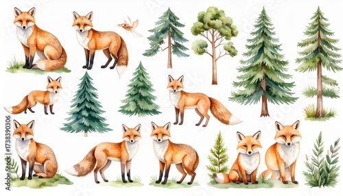watercolor collection of fox in the woods handdrawn. Artistic fox image in forest unique painted wildlife nature scene drawing for decor.