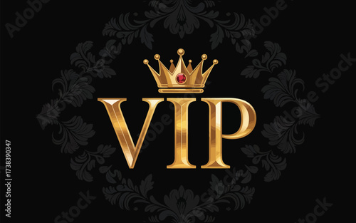 Golden vip text with crown on a dark ornate background