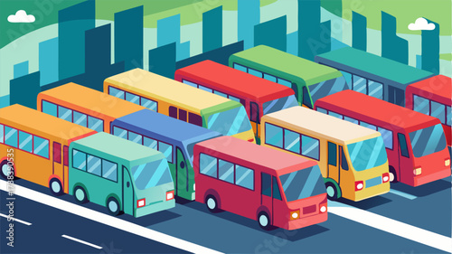 Colorful buses line up in neat rows at the bustling city bus terminal their doors constantly opening and closing as passengers board and disembark.