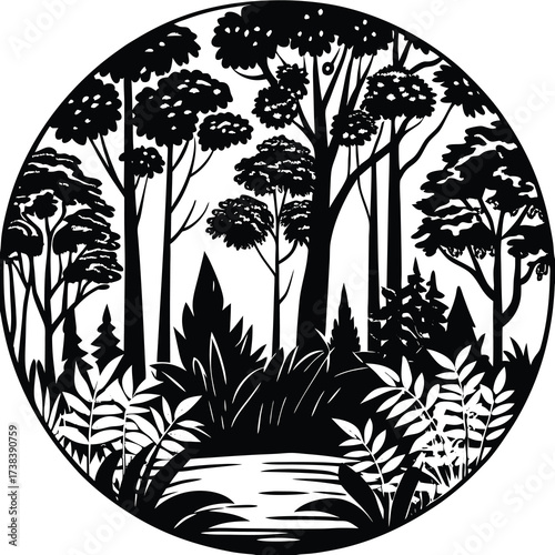 Vibrant and detailed vector illustration of a lush wild forest landscape with diverse trees and foliage