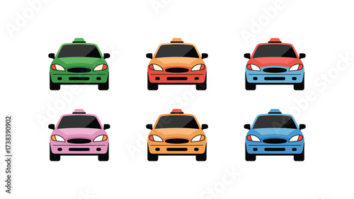 Collection of colorful cartoon taxis in a grid pattern