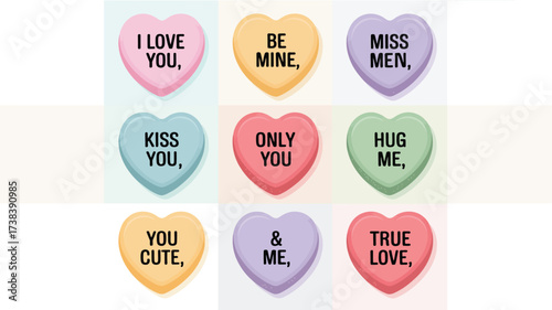 Collection of colorful valentine s day candy hearts with romantic messages