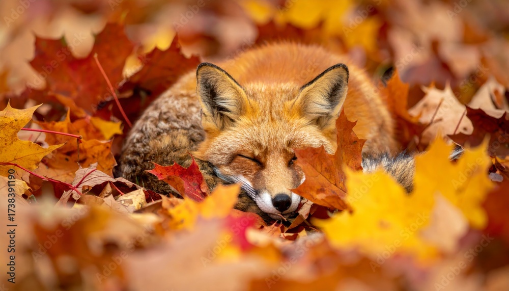 Obraz premium Sleepy fox nestled in autumn leaves. Cozy fox rest amid fall foliage a peaceful animal during seasonal change nature scene.