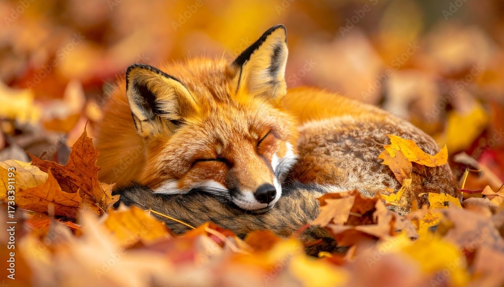 Fototapeta premium Sleepy fox nestled in autumn leaves. Cozy fox rest amid fall foliage a peaceful animal during seasonal change nature scene.