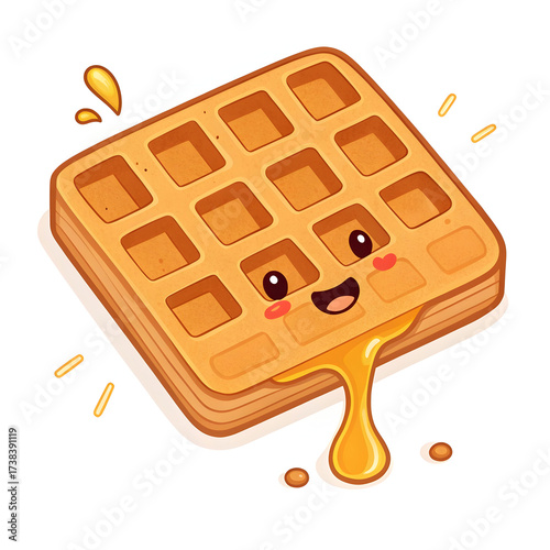 Waffle drizzled with honey in emoji style isolated on white background, symbolizing sweet breakfast