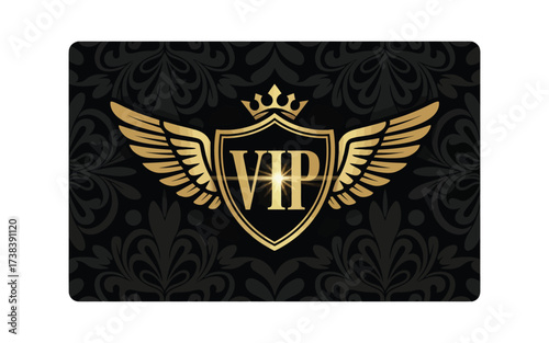 Golden vip emblem with wings and crown on black damask background